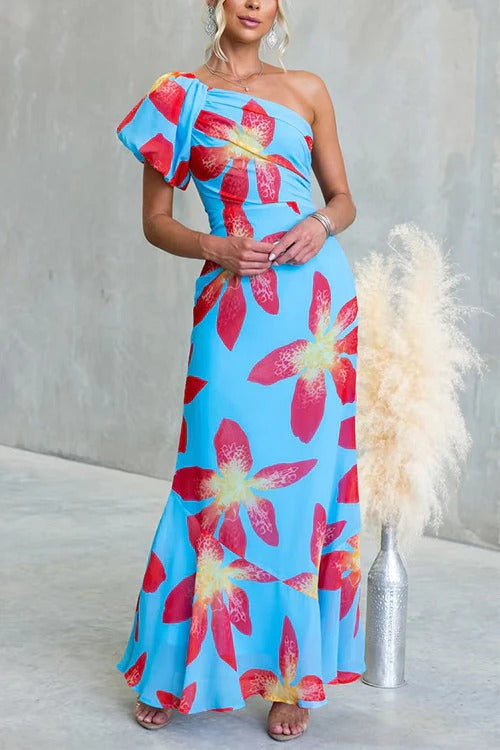 One Shoulder Puff Short Sleeve Floral Print Maxi Dress