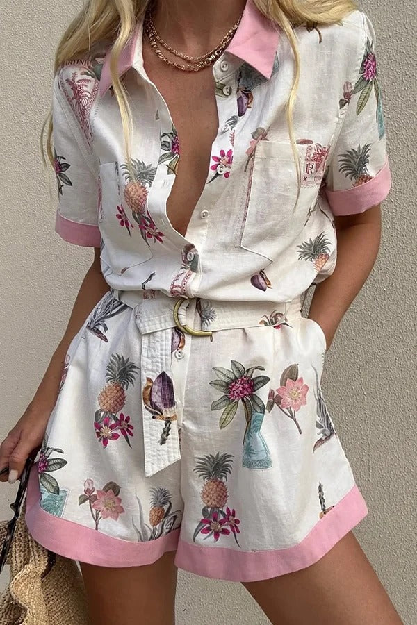Plant Print Lapel Short Sleeves Loose Pocket Waist Tie Casual Rompers