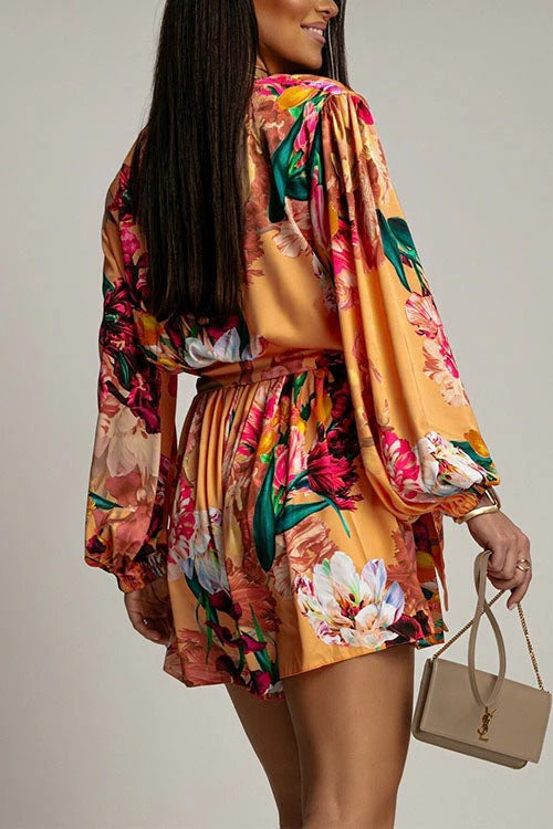 Wrap V Neck Long Sleeves Tie Waist Floral Print Romper