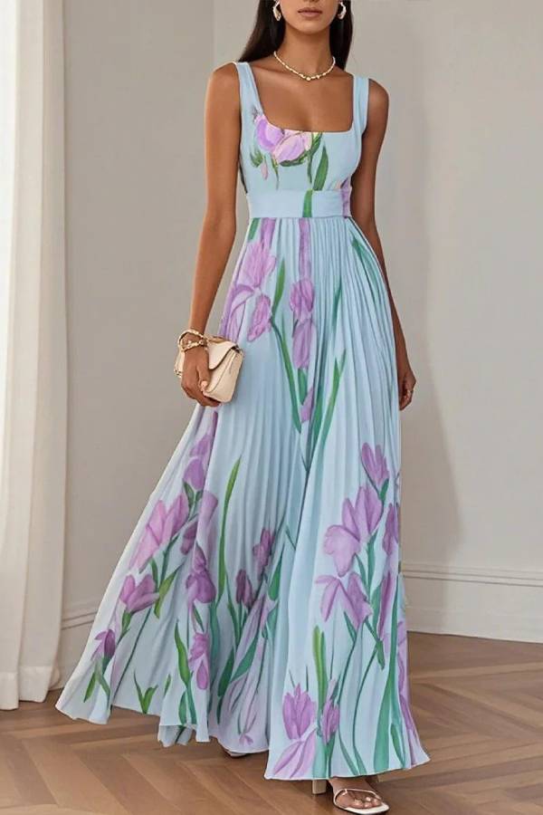 Weißes plissiertes Chiffon-Maxikleid mit Blumenmuster und quadratischem Ausschnitt, ärmellos, A-Linie