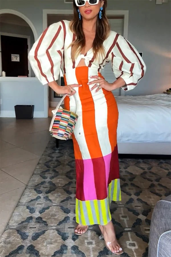 Kaya Linen Blend Color Block Print Front Cutout Knot Puff Sleeve Maxi Dress Orange