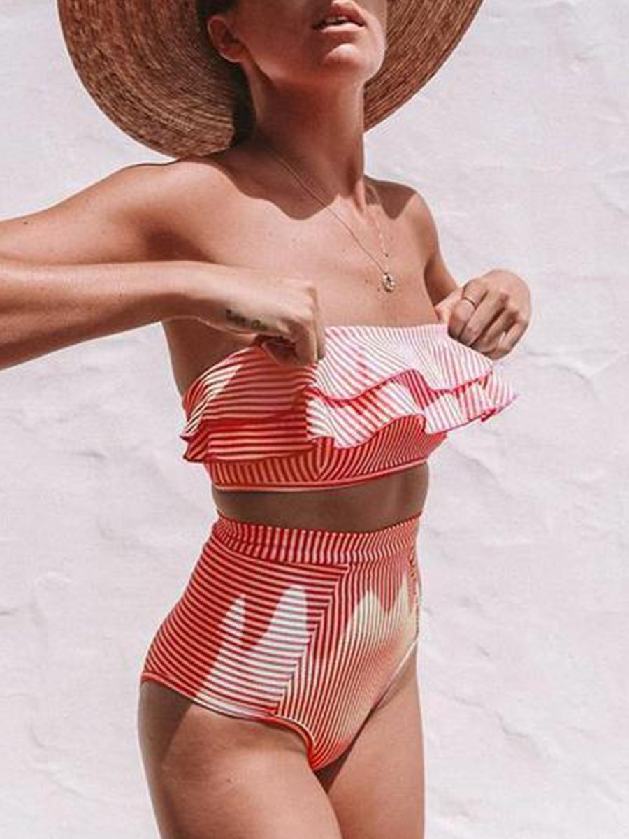Flounce Sleeve Bandeau Stripe Swimsuit Red