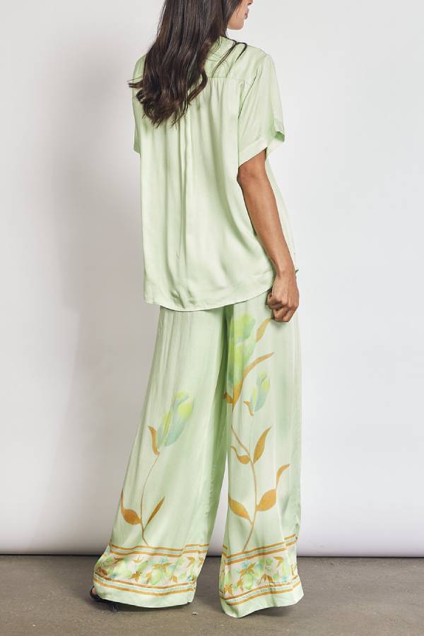 Niah Satin Tulip Print Lapel Short Sleeve Shirt and Elastic Waist Tie Pocket Wide Leg Pants Set