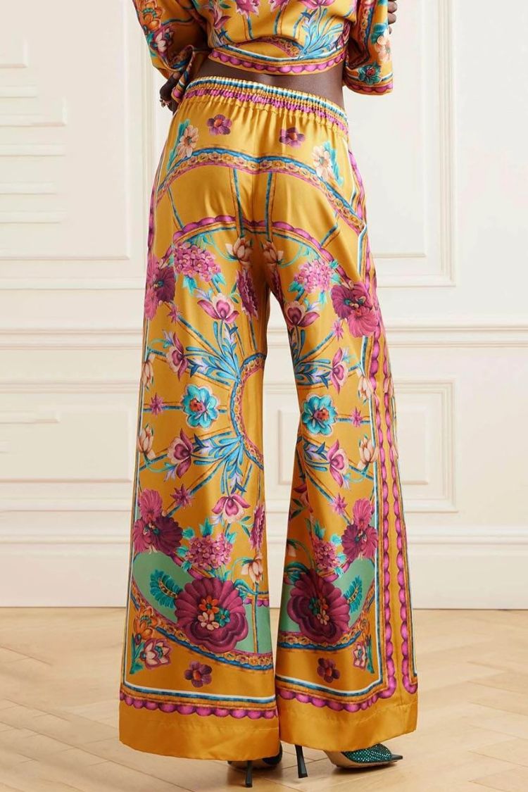 Sunset Cropped Unique Floral-Print Shirt And Loose Wide-Leg Pants