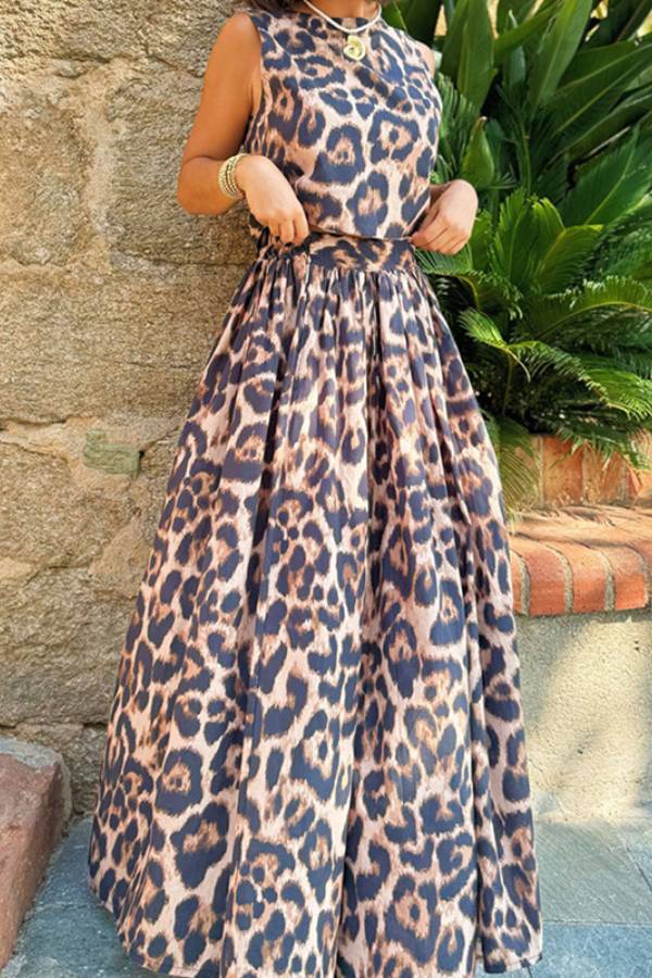 Casual Leopard Print Top & Skirt Two-Piece Set As Picture
