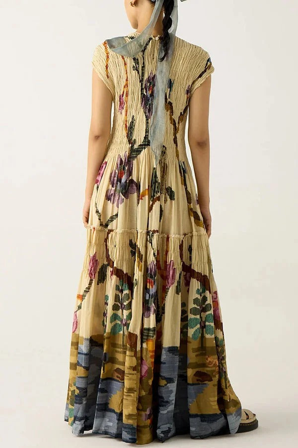 Relaxed and Playful Unique Print Smocked Short Sleeve Flare Maxi Dress