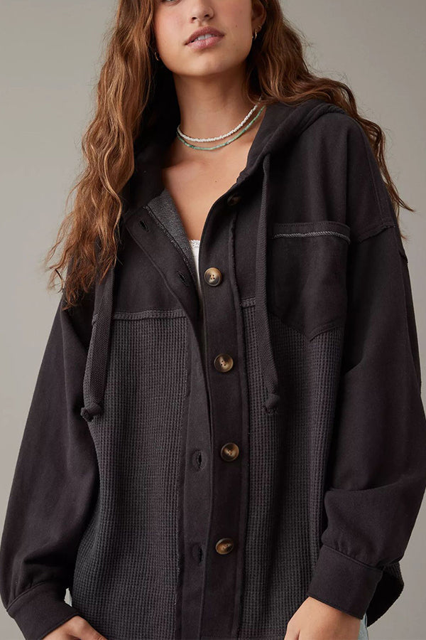 Hooded casual solid color long-sleeved top Black