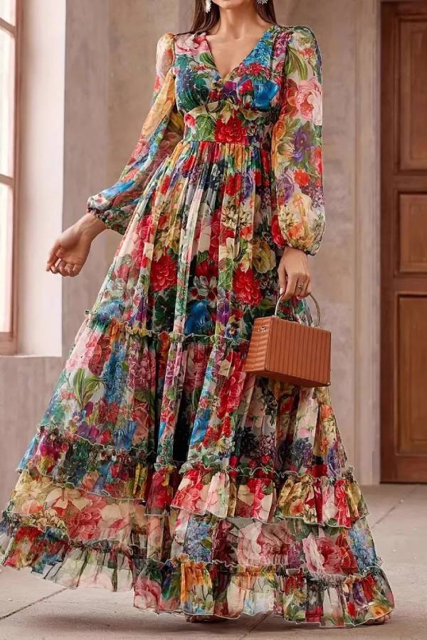 Vintage Oil Painting Floral Print V-Neck Puff Sleeve Tiered Ruffle Maxi Dress
