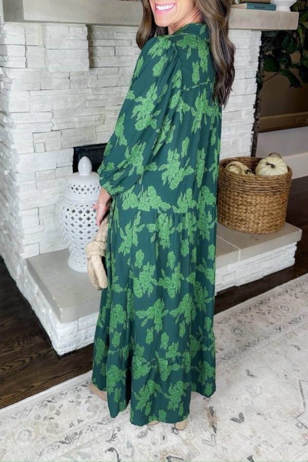 Floral print shirt collar mid-length dress