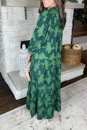 Floral print shirt collar mid-length dress