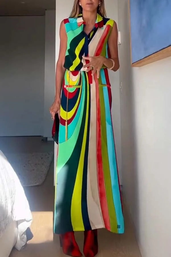 Robe longue à imprimé coloré, audacieuse et élégante, boutonnée, avec poche et fente en H 