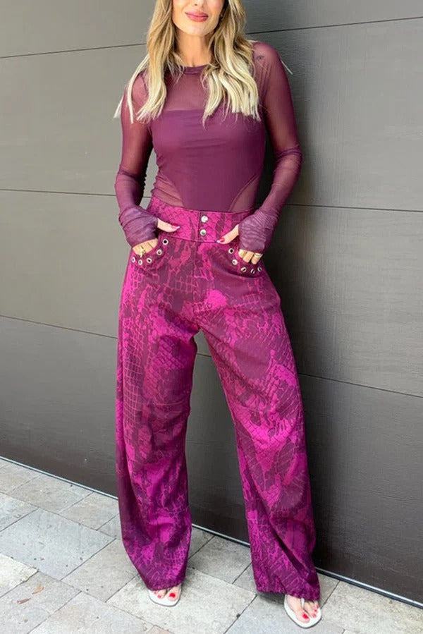 Free Moment Animal Print Metal Ring Design Pocket Wide Leg Pants