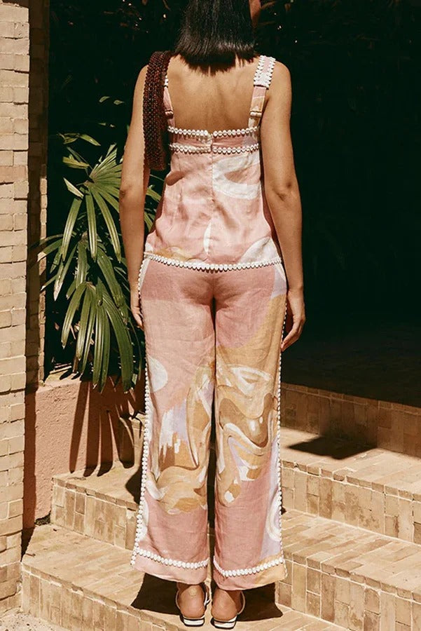 European Summer Linen Blend Ric Rac Trims Unique Print Button Tank