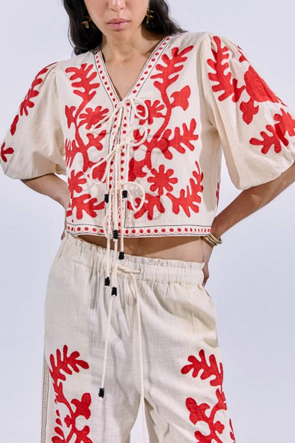 Till Sunset Linen Blend Unique Print Lace-up Puff Sleeve Shirt Red