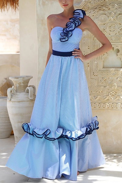 Striped Print Elegant Ruffle Trim Vacation Maxi Skirt