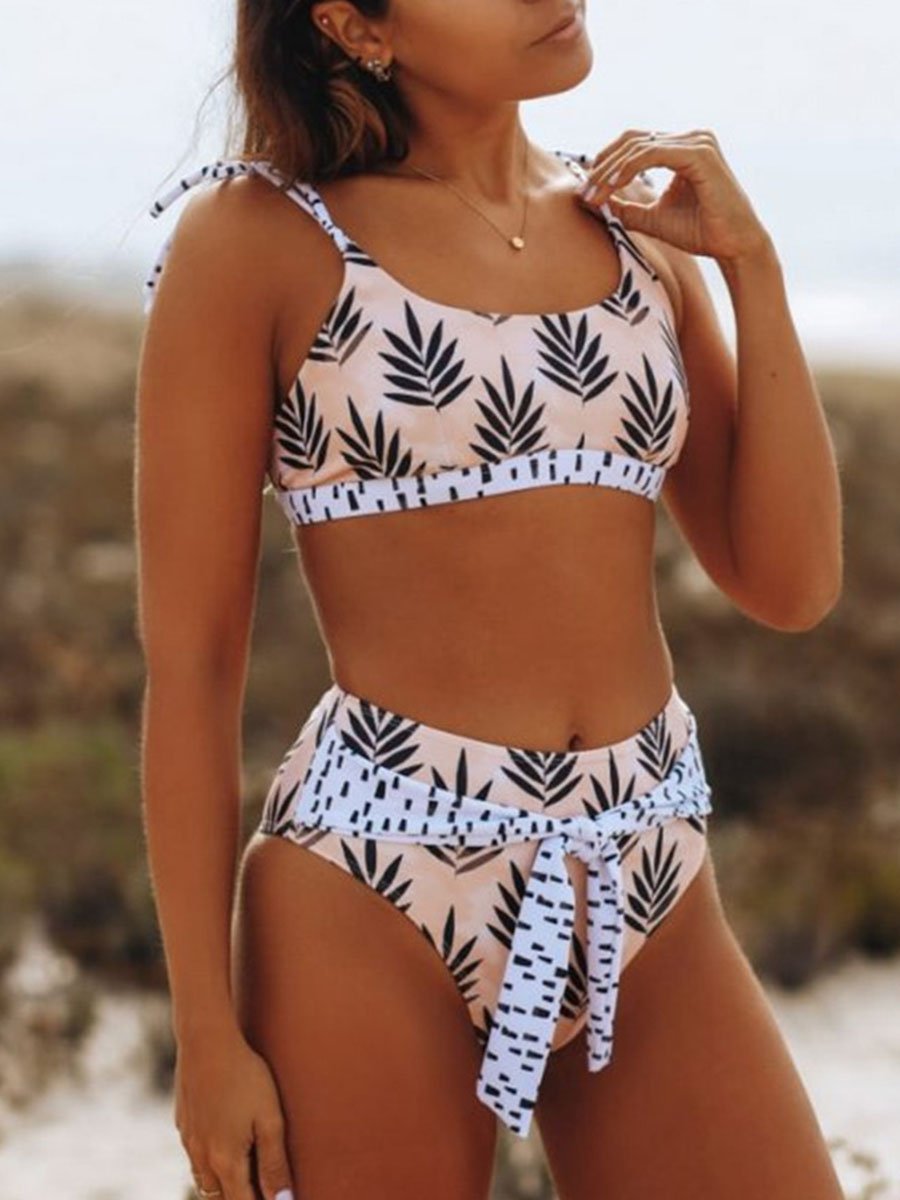 Plant Print High Waist Bikini Pink