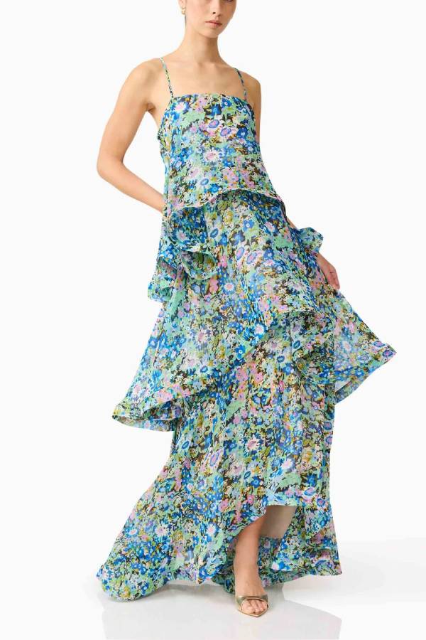 Floral Print Tiered Ruffle Maxi Slip Dress