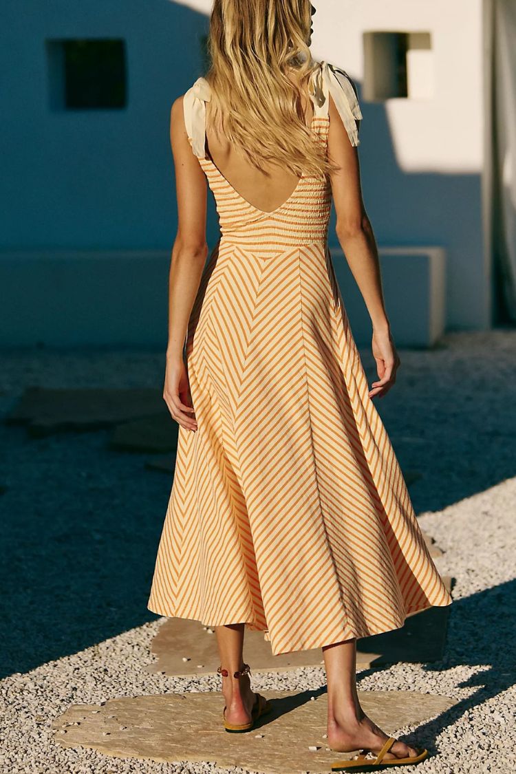 Linen Blend Solid Color V-neck Short Sleeve Waist Loose Slit Midi Dress