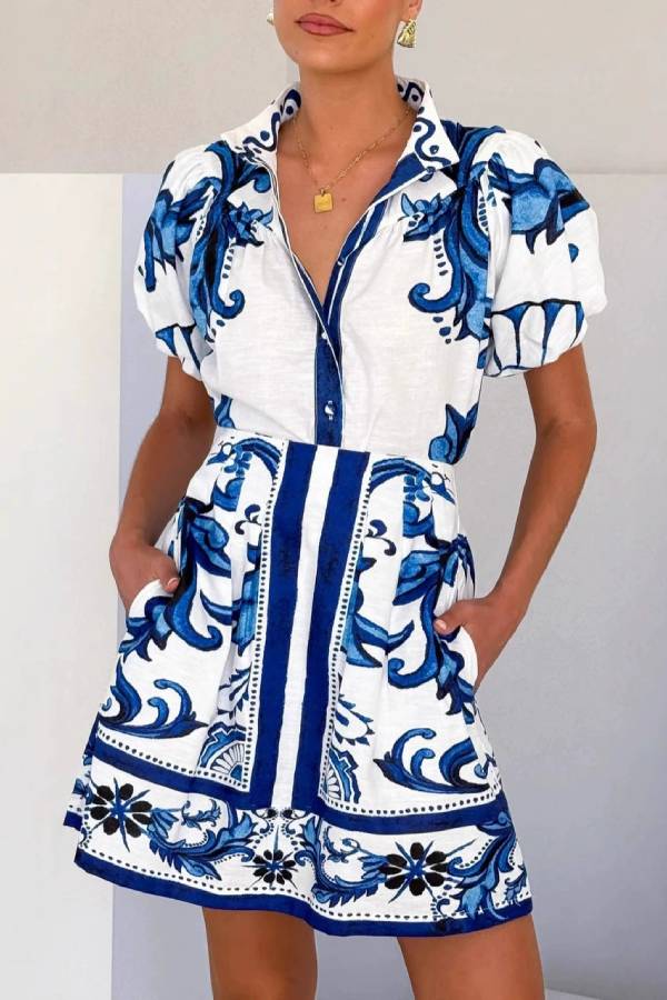 Casual Fashion Puff Sleeve Linen Short Skirt Suit Blue