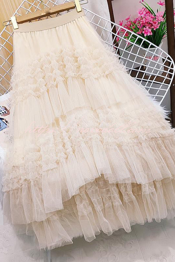 Elegant Mood Tulle Pleated Ruffle Elastic Waist Tiered Midi Skirt Apricot