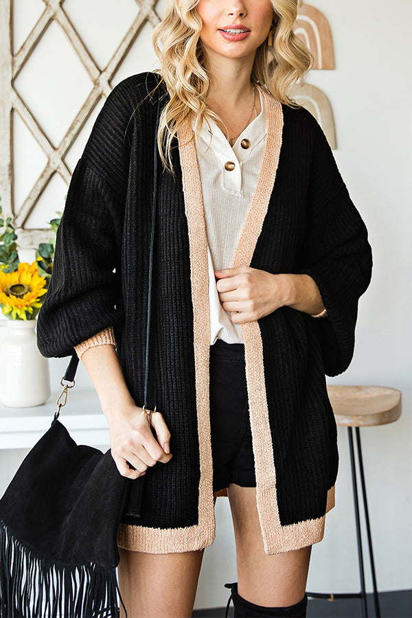 Black Bishop Sleeve Colorblock Open Front Cardigan Sweater Black