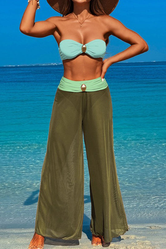 Three-piece swimsuit with button-like decorations on the chest Olive green three-piece suit S