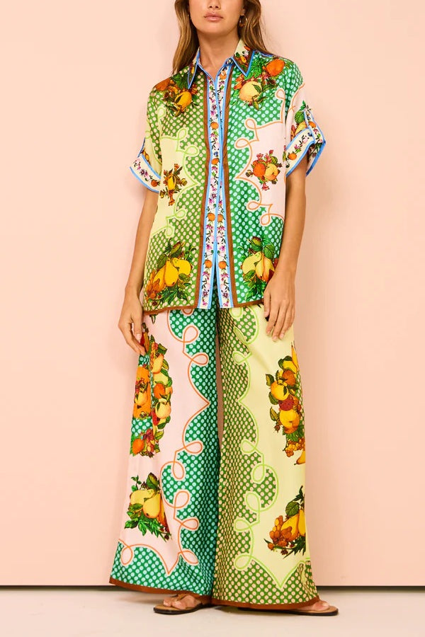 Fashion personality printed short-sleeved holiday leisure loose drawstring suit Green