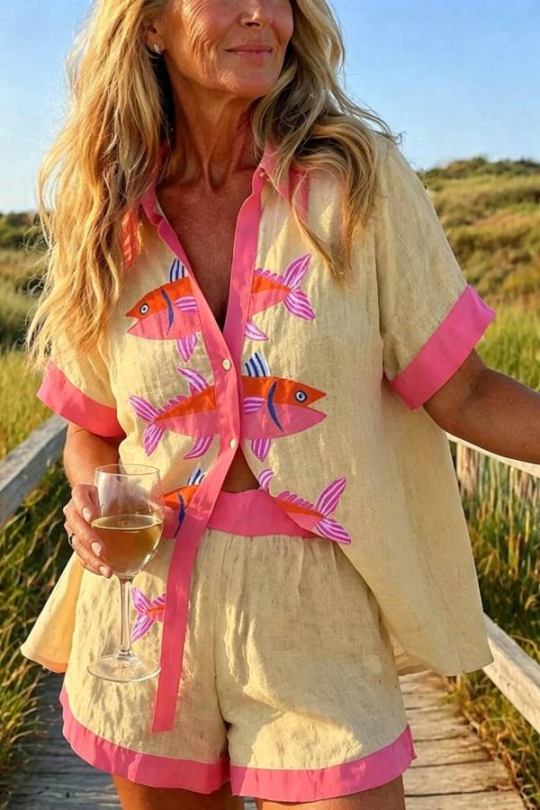 Vivica Linen Blend Unique Print Short Sleeve Blouse and Elastic Waist Pocket Loose Shorts Set