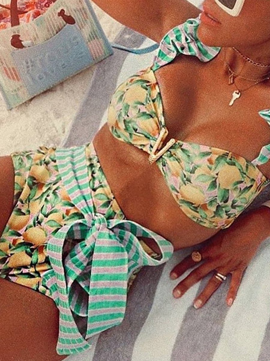Bandage Ruffle Flower Print Bikini Set Green