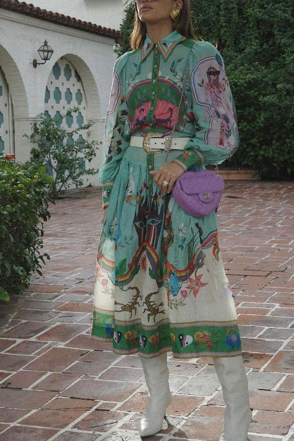 Staying In Capri Unique Print Balloon Sleeve Belt Shirt Midi Dress Green