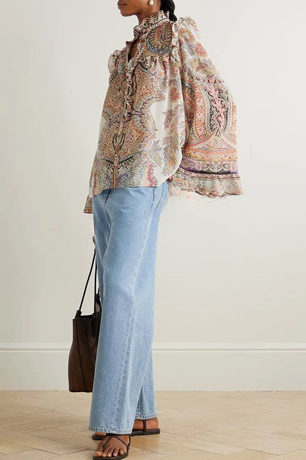 Feeling Dreamy Paisley Print Ruffle Jacquard Bell Sleeve Loose Blouse