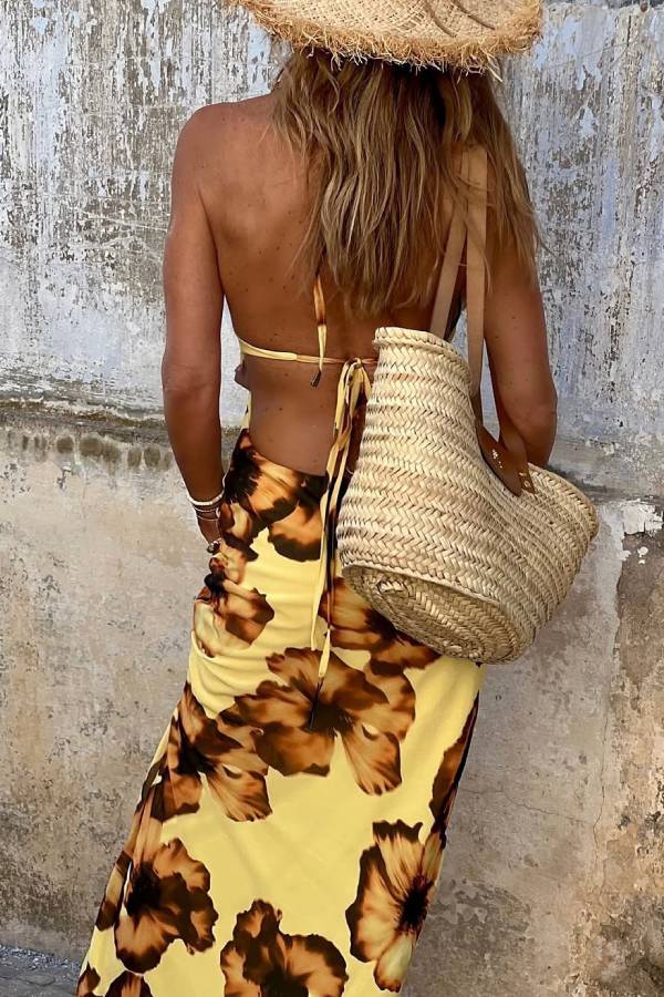 Yellow Floral Halter Long Dress