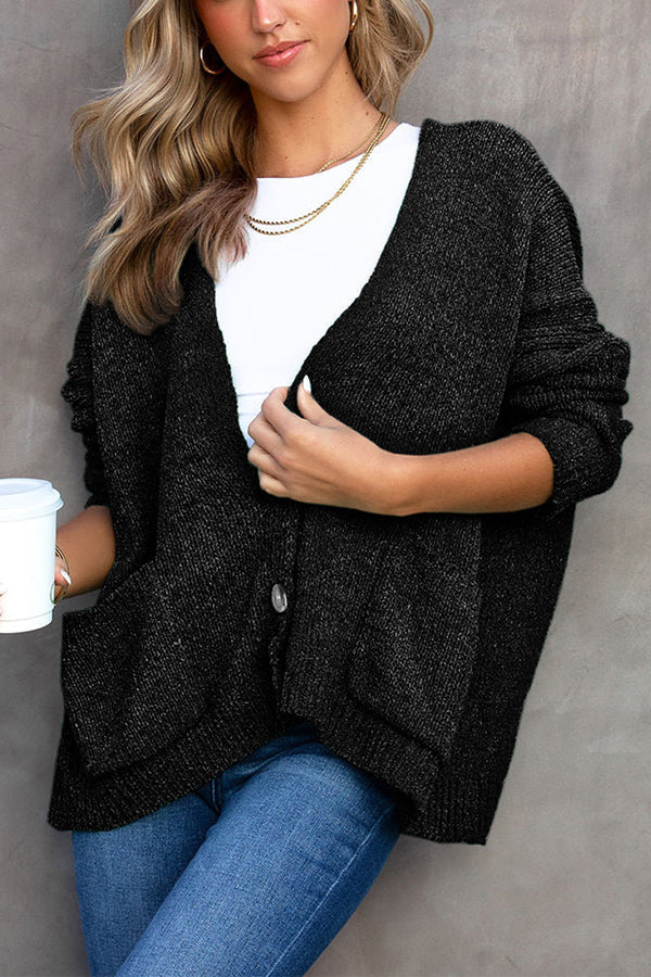 Button Front Pocketed Loose Fit Knitted Cardigan Black