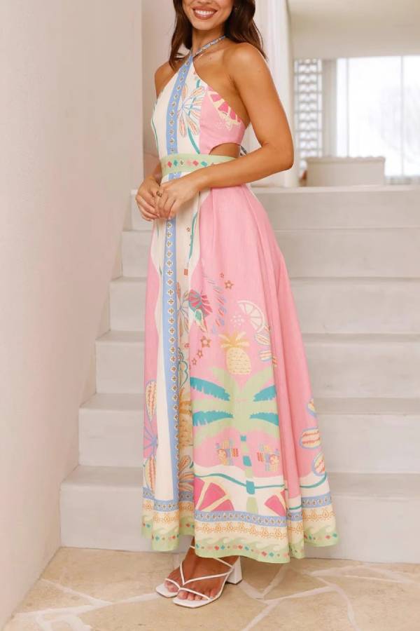 Tropical Print Halter Cutout Maxi Dress