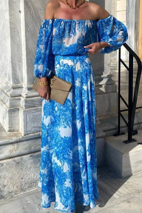 Off Shoulder Puff Sleeve Blue Floral Maxi Dress