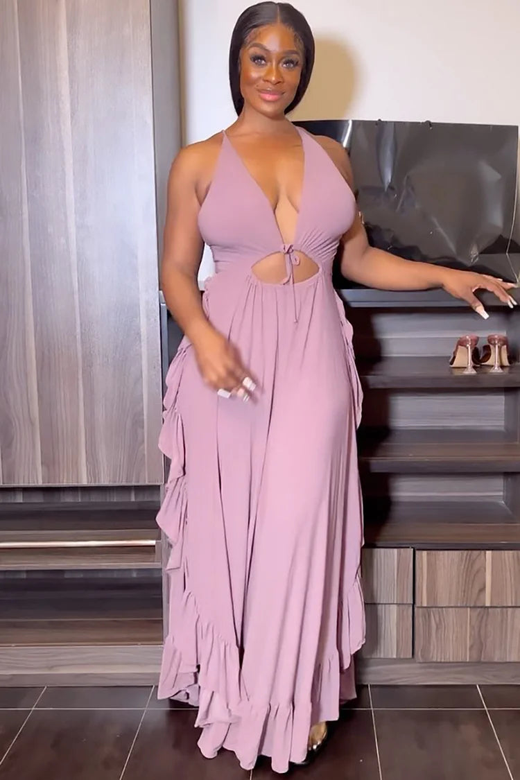 DEEP V NECK CAMI ASYMMETRIC RUFFLED A-LINE VACATION MAXI DRESS Pink