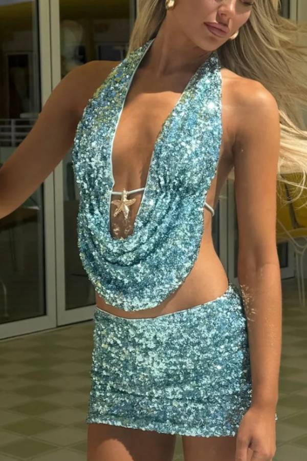 Sequin Halter Neck Draped Crop Top and Shorts Set