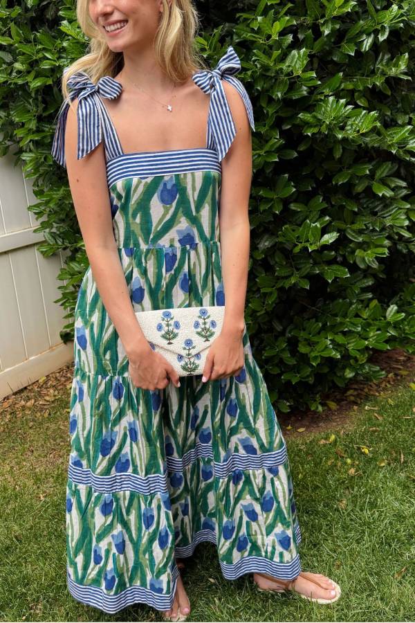 Striped Bow-Strap Printed Tiered Maxi Dress