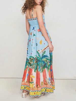 Robe mi-longue trapèze à imprimé île peinte unique