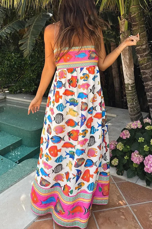 Tropical Fish Print Sling Back Pleated Holiday Maxi Dress