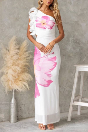 One-Shoulder Ruffled Printed Mesh Bodycon Maxi Dress