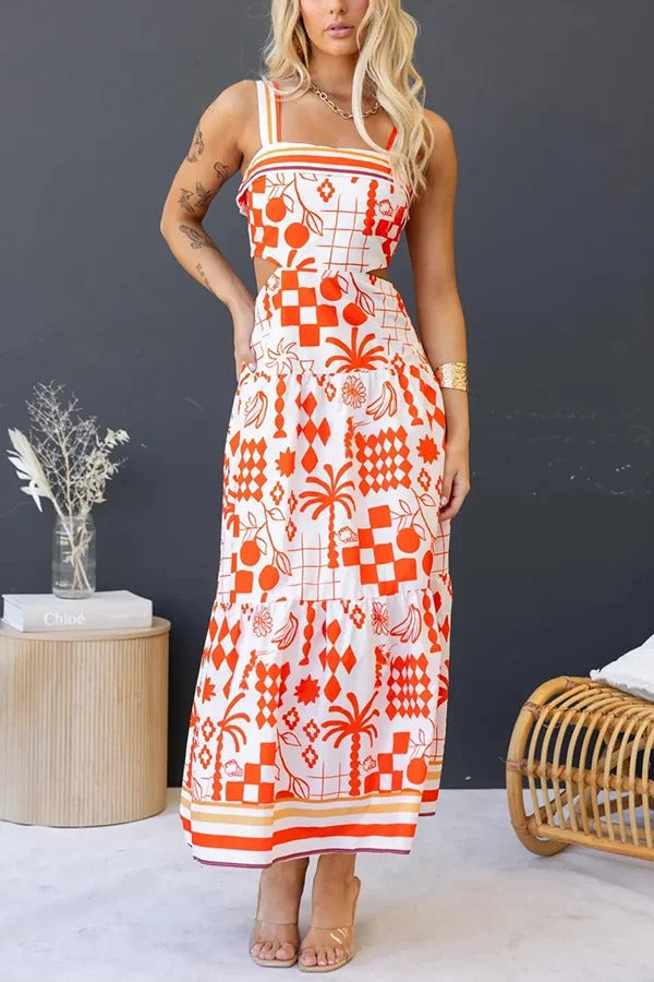 Unique Print Waist Cutout Back Gathered Suspender Maxi Dress Multicolor