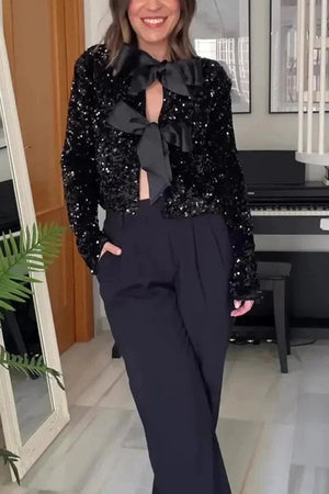 Two Ways To Celebrate Tie-front Bow Sequined Jacket Black