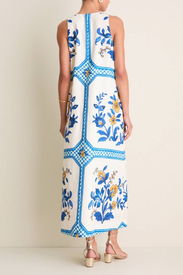 Vintage Blue‑and‑White Floral Print Sleeveless Linen Maxi Dress