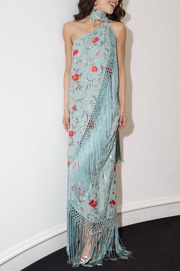 Halter Floral Print Fringe Cut‑Out Maxi Evening Dress