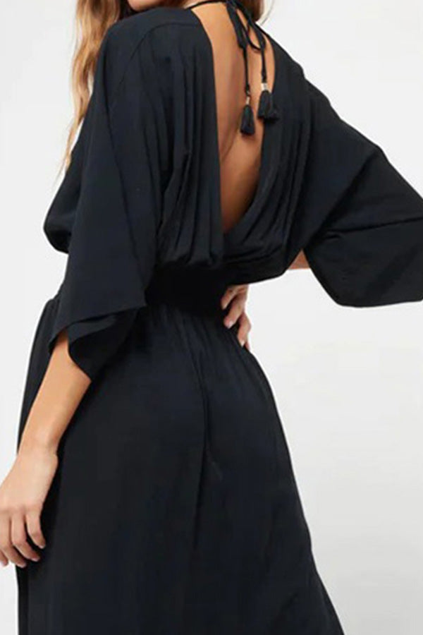 V-neck open back tie high waist loose slit dress
