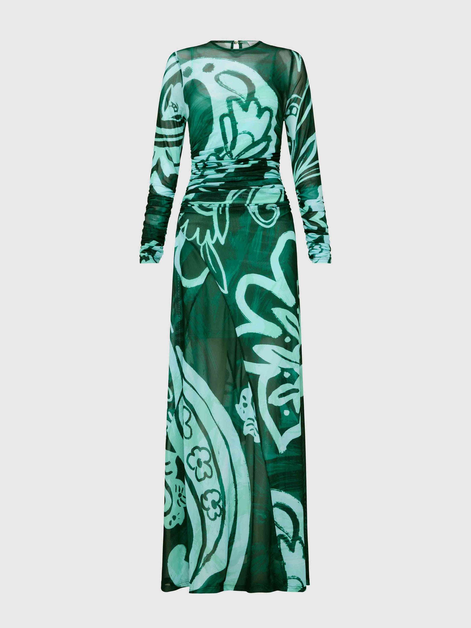 Einzigartiges Maxikleid aus Stretch-Mesh mit abstraktem, auffälligem Print