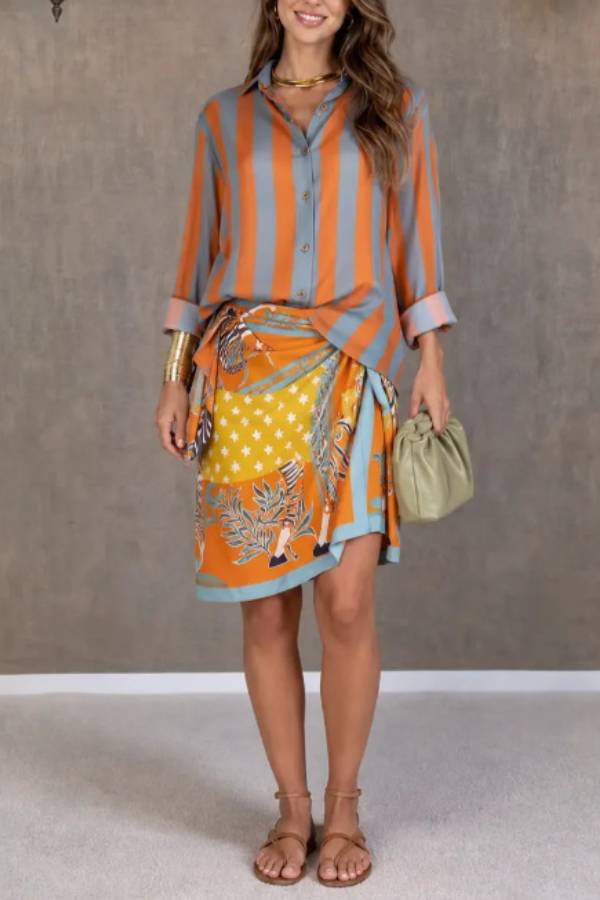 Striped Shirt & Printed Wrap Skirt Two‑Piece Set