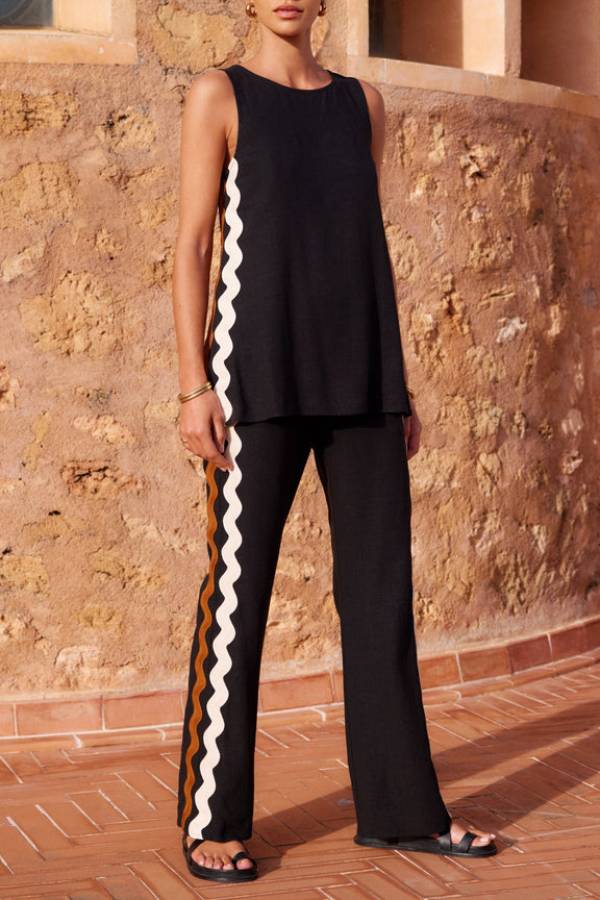 Tash Linen Blend Ric Rac Wave Trim Tank and Elastic Waist Pocket Flare Pants Set