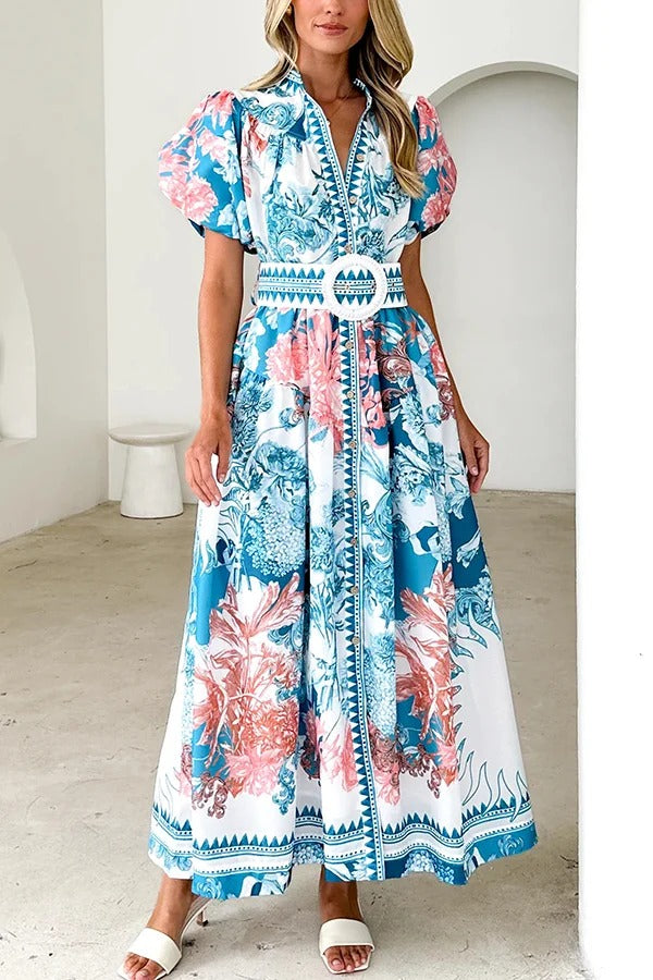 Unique Print Puff Sleeve Button Belt Casual Maxi Dress